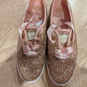 Never Worn Kate Spade Rose Gold Glitter Sneakers with Pink Satin Laces